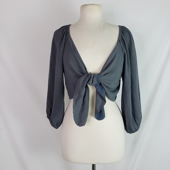 Lucca Couture Tops - Lucca Charcoal Ferrera Puff Sleeve Tie Front Top L